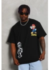 Unisex Oversize Baskılı Bisiklet Yaka T-Shirt - Siyah