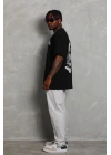 Unisex Oversize Baskılı Bisiklet Yaka T-Shirt - Siyah