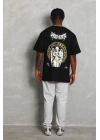 Unisex Oversize Baskılı Bisiklet Yaka T-Shirt - Siyah