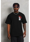 Unisex Oversize Baskılı Bisiklet Yaka T-Shirt - Siyah