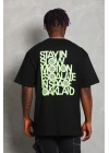 Unisex Oversize Baskılı Bisiklet Yaka T-Shirt - Siyah