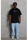 Unisex Oversize Baskılı Bisiklet Yaka T-Shirt - Siyah