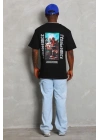 Unisex Oversize Baskılı Bisiklet Yaka T-Shirt - Siyah