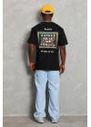 Unisex Oversize Baskılı Bisiklet Yaka T-Shirt - Siyah