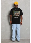 Unisex Oversize Baskılı Bisiklet Yaka T-Shirt - Siyah
