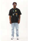 Unisex Oversize Baskılı Bisiklet Yaka T-Shirt - Siyah