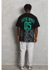 Unisex Oversize Baskılı Bisiklet Yaka T-Shirt - Siyah