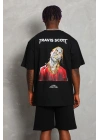 Unisex Oversize Baskılı Bisiklet Yaka T-Shirt - Siyah