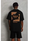 Unisex Oversize Baskılı Bisiklet Yaka T-Shirt - Siyah