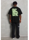 Unisex Oversize Baskılı Bisiklet Yaka T-Shirt - Siyah