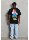 Unisex Oversize Baskılı Bisiklet Yaka T-Shirt - Siyah