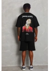 Unisex Oversize Baskılı Bisiklet Yaka T-Shirt - Siyah