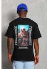 Unisex Oversize Baskılı Bisiklet Yaka T-Shirt - Siyah