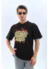 Unisex Oversize Baskılı Bisiklet Yaka T-Shirt - Siyah