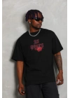 Unisex Oversize Baskılı Bisiklet Yaka T-Shirt - Siyah