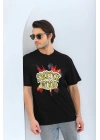 Unisex Oversize Baskılı Bisiklet Yaka T-Shirt - Siyah