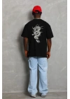 Unisex Oversize Baskılı Bisiklet Yaka T-Shirt - Siyah
