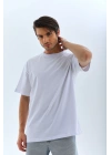 Unisex Oversize Düz Bisiklet Yaka T-Shirt - Beyaz