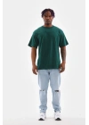 Unisex Oversize Düz Bisiklet Yaka T-Shirt - Koyu Yeşili