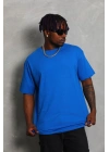 Unisex Oversize Düz Bisiklet Yaka T-Shirt - Mavi