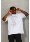 Unisex Oversize Taşlı Bisiklet Yaka T-Shirt - Beyaz