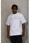 Unisex Oversize Taşlı Bisiklet Yaka T-Shirt - Beyaz