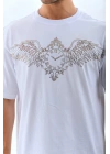 Unisex Oversize Taşlı Bisiklet Yaka T-Shirt - Beyaz