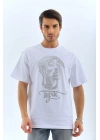 Unisex Oversize Taşlı Bisiklet Yaka T-Shirt - Beyaz