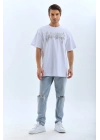 Unisex Oversize Taşlı Bisiklet Yaka T-Shirt - Beyaz