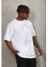 Unisex Oversize Taşlı Bisiklet Yaka T-Shirt - Beyaz