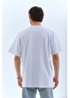 Unisex Oversize Taşlı Bisiklet Yaka T-Shirt - Beyaz