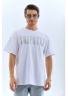 Unisex Oversize Taşlı Bisiklet Yaka T-Shirt - Beyaz