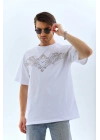 Unisex Oversize Taşlı Bisiklet Yaka T-Shirt - Beyaz