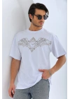 Unisex Oversize Taşlı Bisiklet Yaka T-Shirt - Beyaz