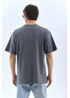 Unisex Oversize Taşlı Bisiklet Yaka T-Shirt - Füme