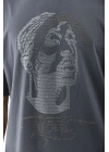 Unisex Oversize Taşlı Bisiklet Yaka T-Shirt - Füme