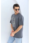 Unisex Oversize Taşlı Bisiklet Yaka T-Shirt - Füme
