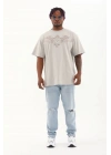 Unisex Oversize Taşlı Bisiklet Yaka T-Shirt - Gri