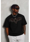 Unisex Oversize Taşlı Bisiklet Yaka T-Shirt - Siyah