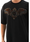 Unisex Oversize Taşlı Bisiklet Yaka T-Shirt - Siyah
