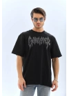 Unisex Oversize Taşlı Bisiklet Yaka T-Shirt - Siyah