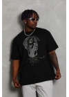 Unisex Oversize Taşlı Bisiklet Yaka T-Shirt - Siyah