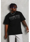 Unisex Oversize Taşlı Bisiklet Yaka T-Shirt - Siyah