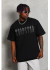 Unisex Oversize Taşlı Bisiklet Yaka T-Shirt - Siyah