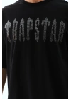 Unisex Oversize Taşlı Bisiklet Yaka T-Shirt - Siyah