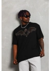 Unisex Oversize Taşlı Bisiklet Yaka T-Shirt - Siyah