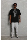Unisex Oversize Taşlı Bisiklet Yaka T-Shirt - Siyah