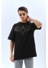Unisex Oversize Taşlı Bisiklet Yaka T-Shirt - Siyah