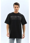 Unisex Oversize Taşlı Bisiklet Yaka T-Shirt - Siyah