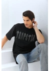 Unisex Oversize Taşlı Bisiklet Yaka T-Shirt - Siyah